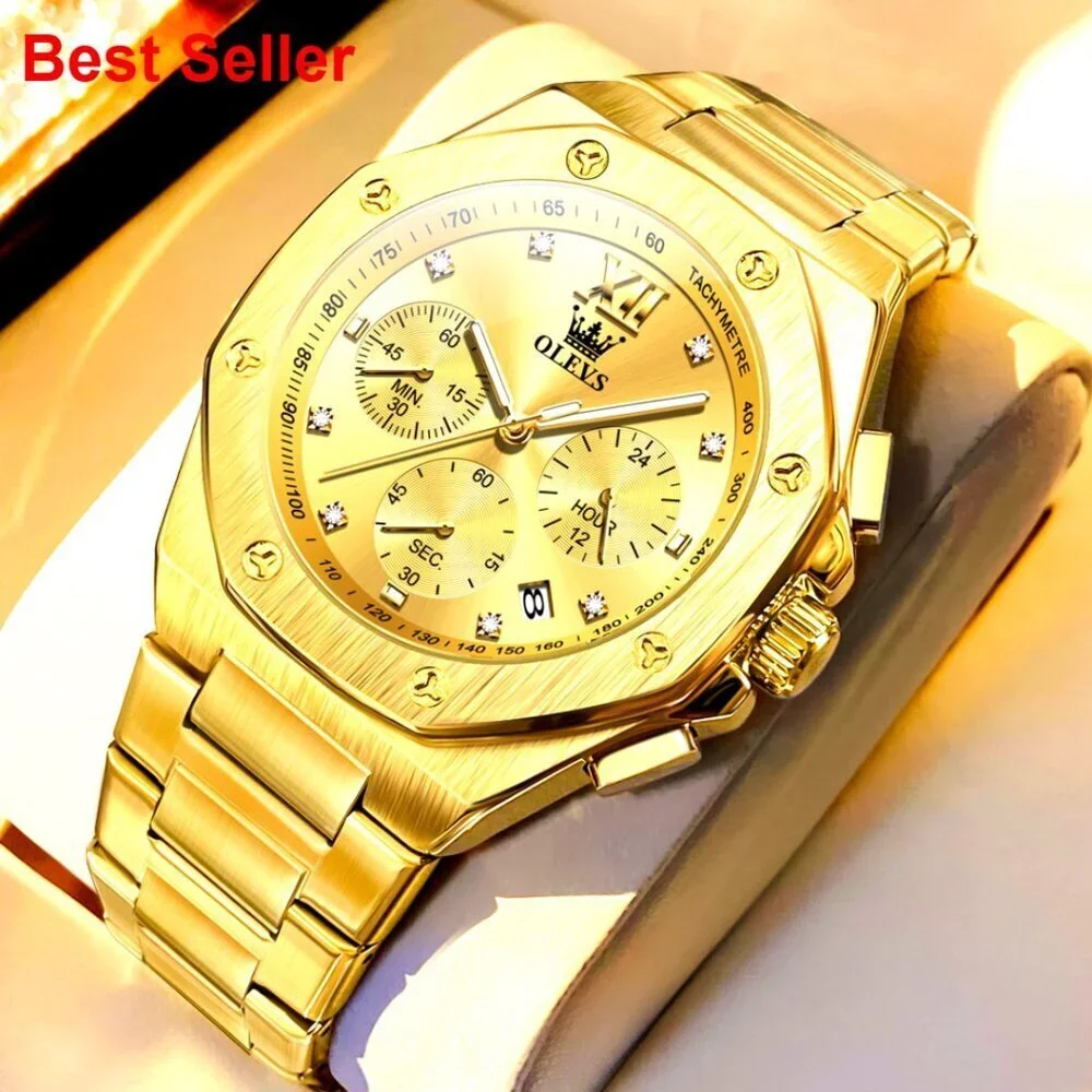 Stainless Steel Analog Chronograph Watch with Date Display and Luminous Hands